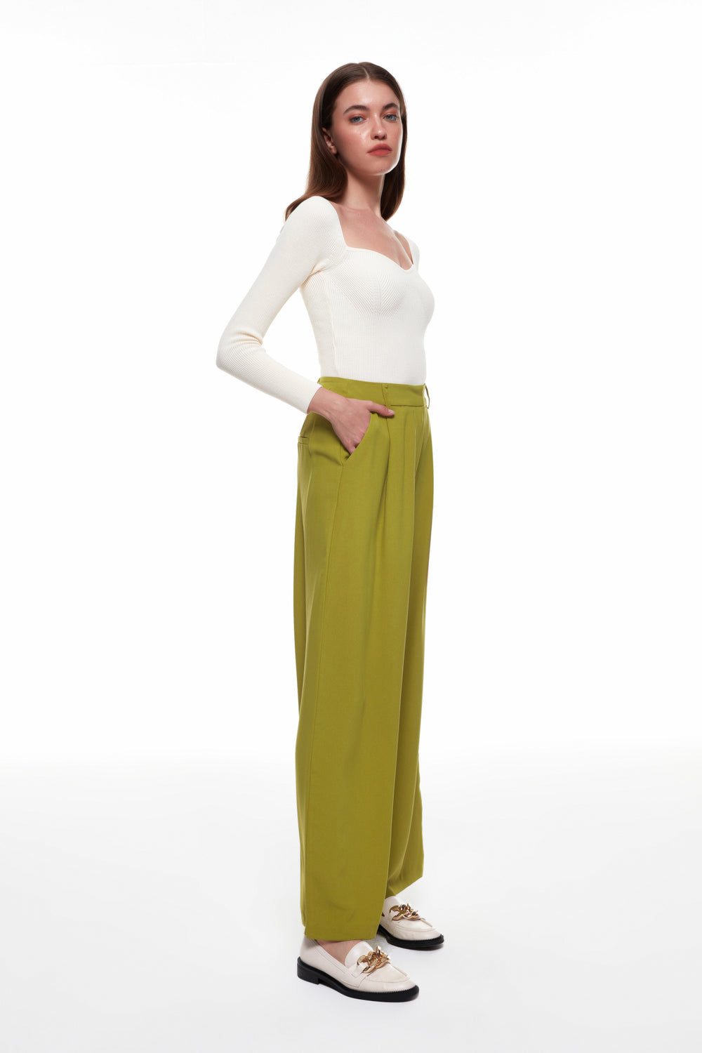 High Waist Wide Leg Fabric Trousers Olive