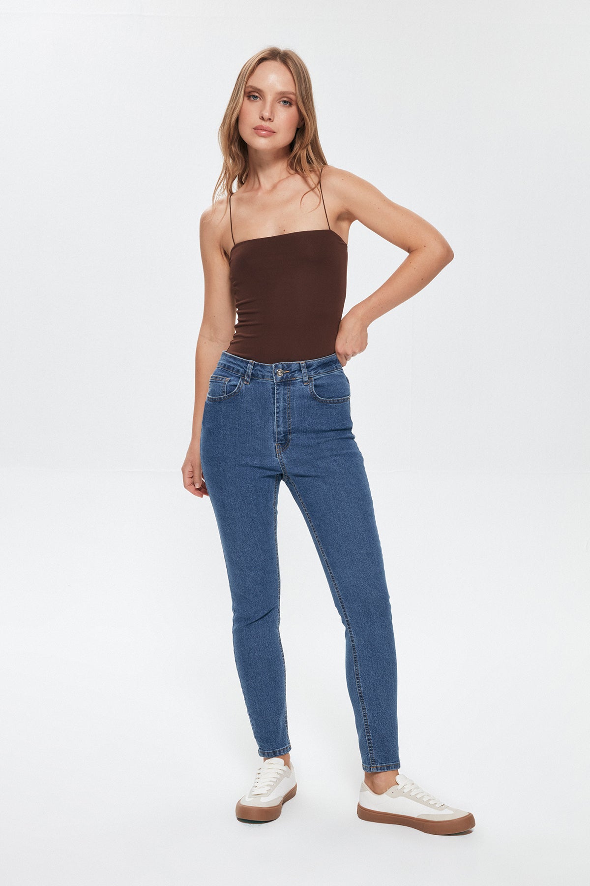 High Waist Slim Leg Jeans Trousers Blue