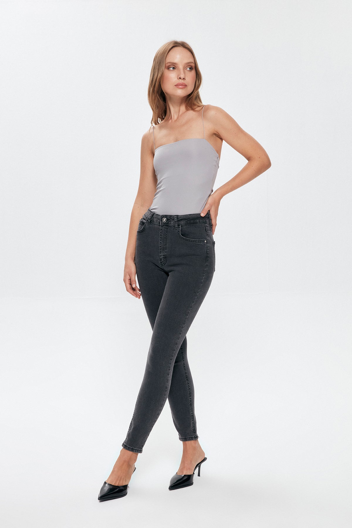 High Waist Slim Leg Jeans Trousers Gray