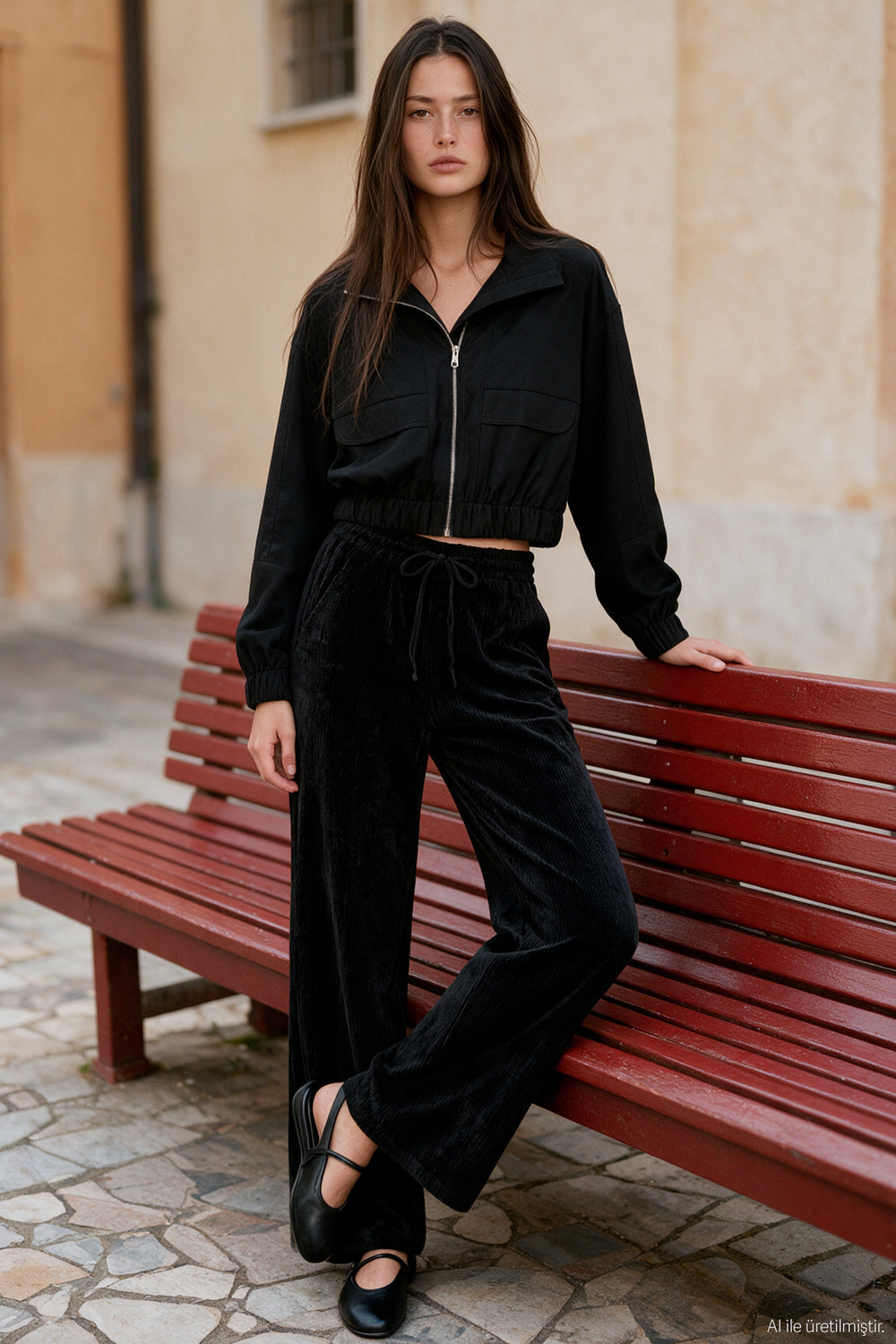 Beli Lastikli Kadife Bol Paça Pantolon Siyah