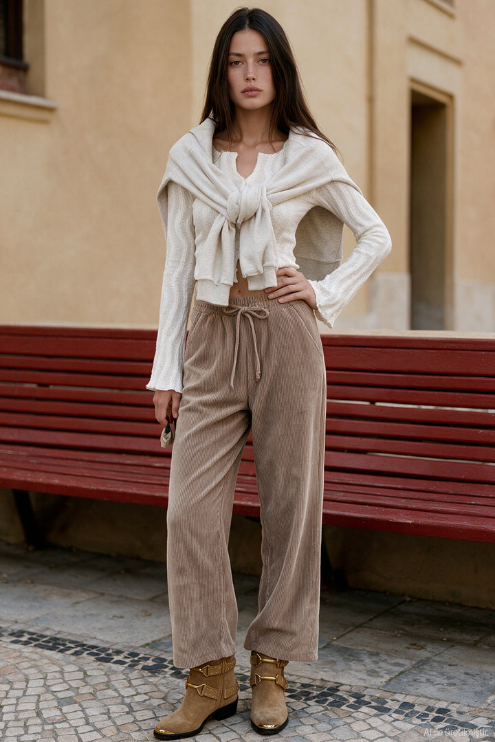 Beli Lastikli Kadife Bol Paça Pantolon Camel