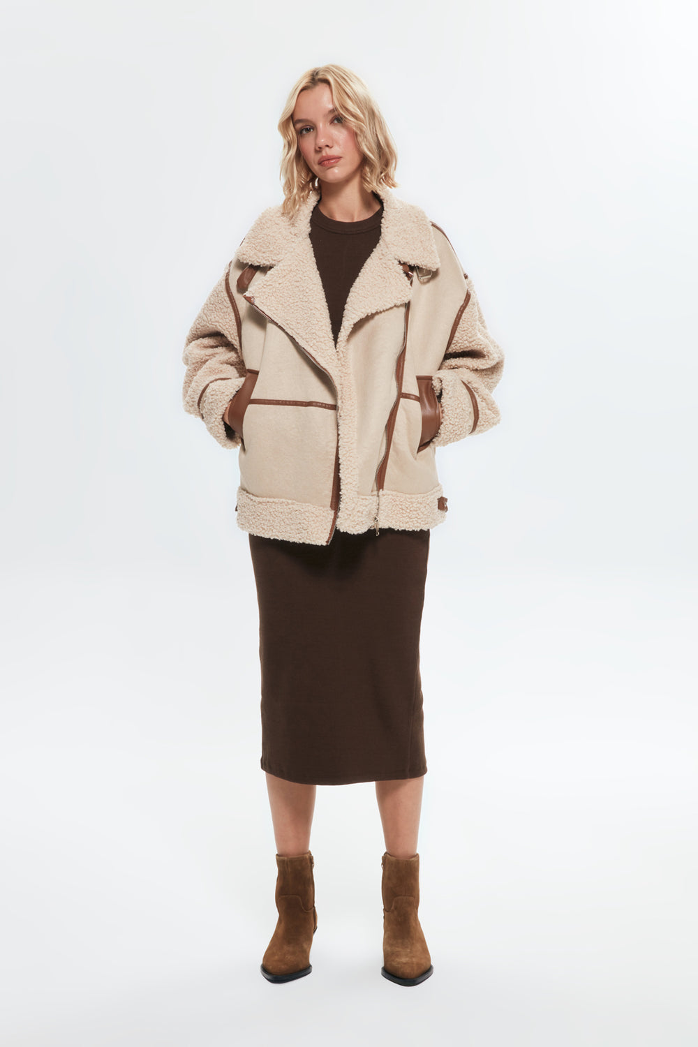 Stitched Short Coat with Plush Detail on Sleeves Beige