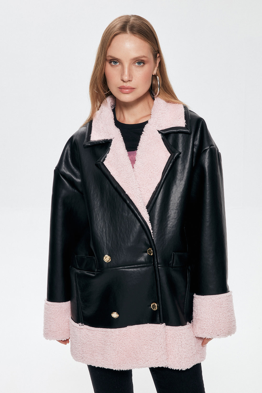 Plush Detailed Leather Coat Black