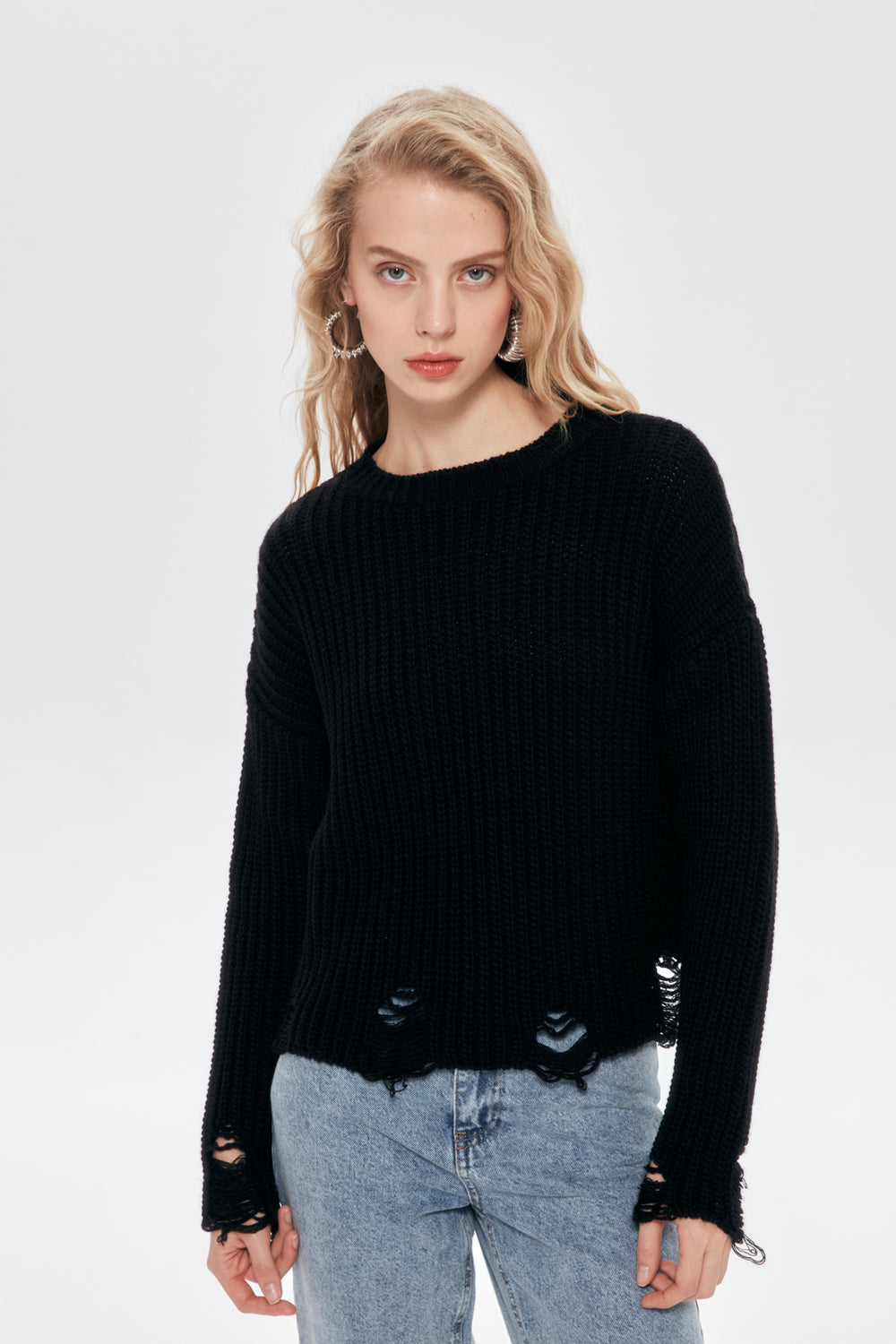 Yırtık Detaylı Bisiklet Yaka Kazak Siyah