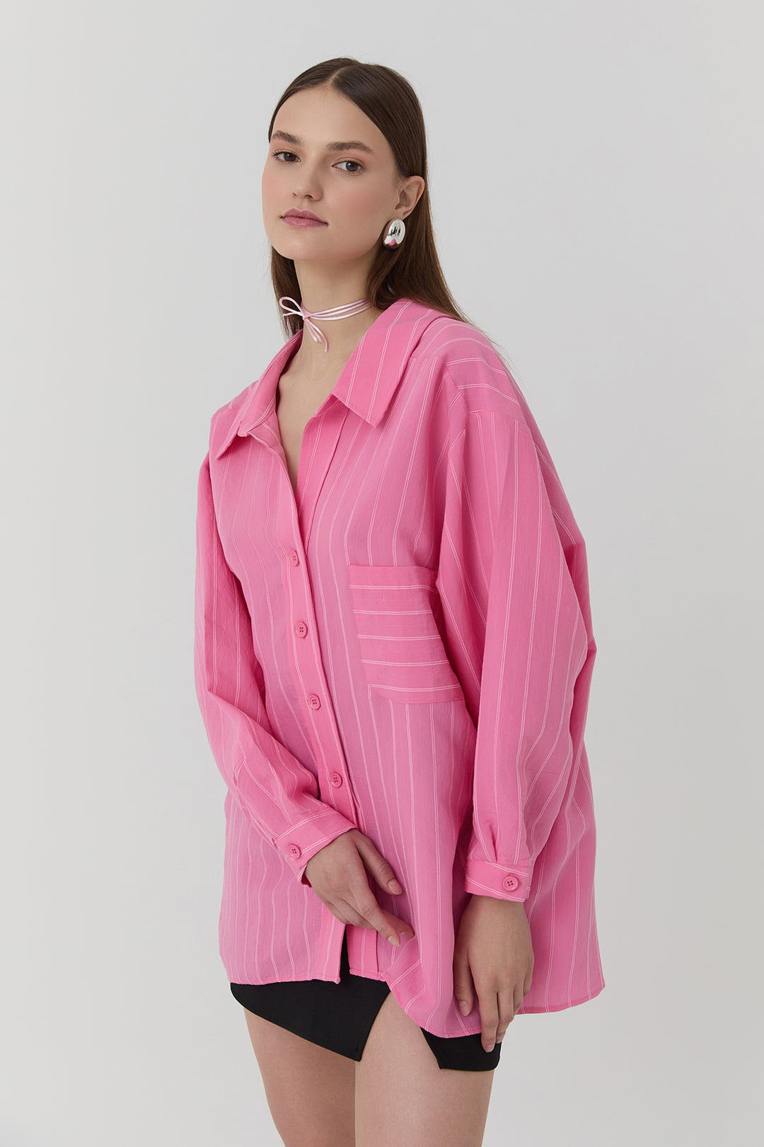 İnce Çizgi Detaylı Oversize Gömlek Pembe