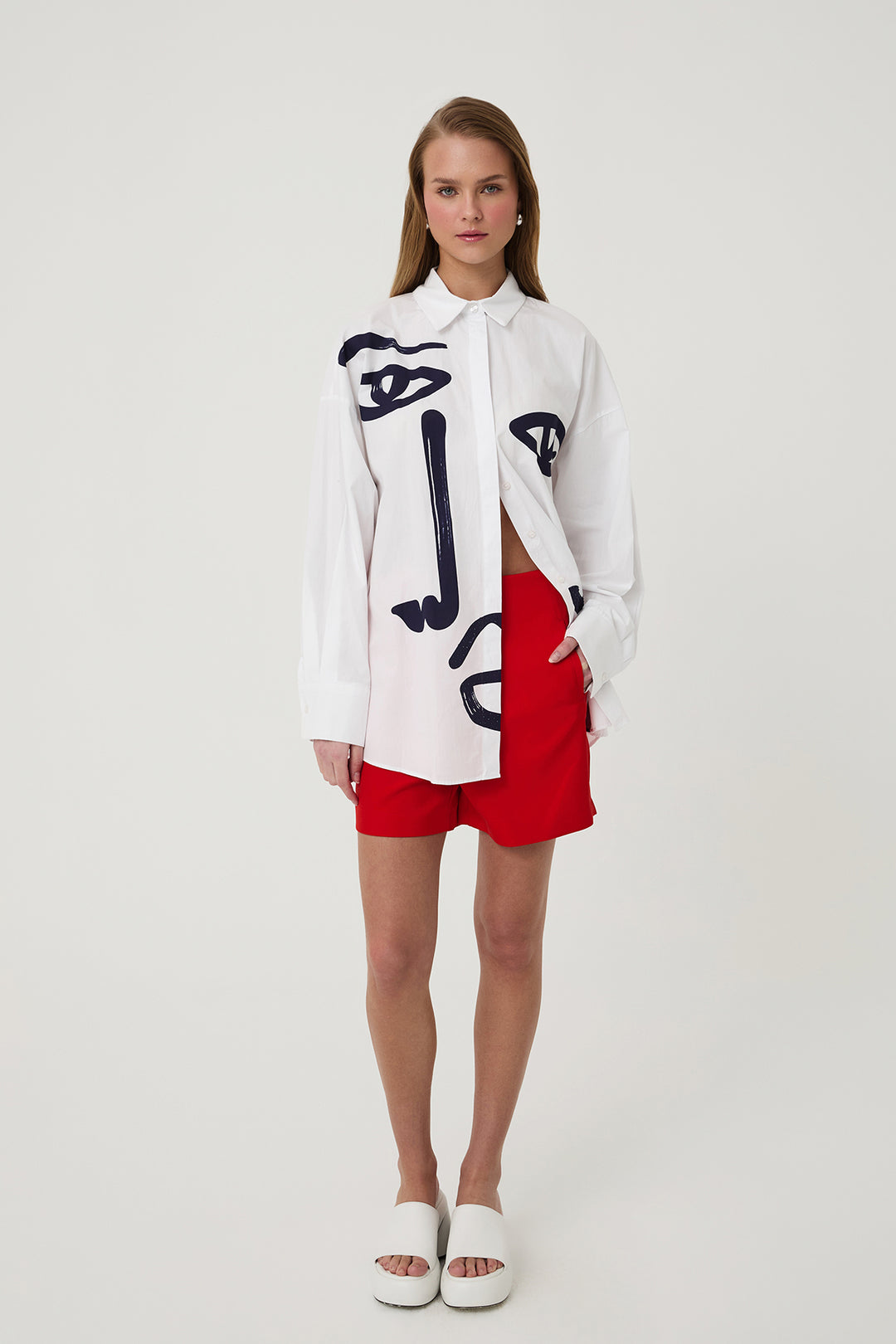 Baskı Detaylı Oversize Gömlek Beyaz