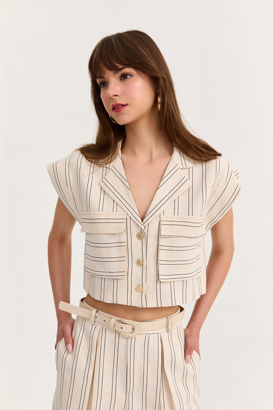 Çizgi Detaylı Büyük Cepli Keten Gömlek Naturel