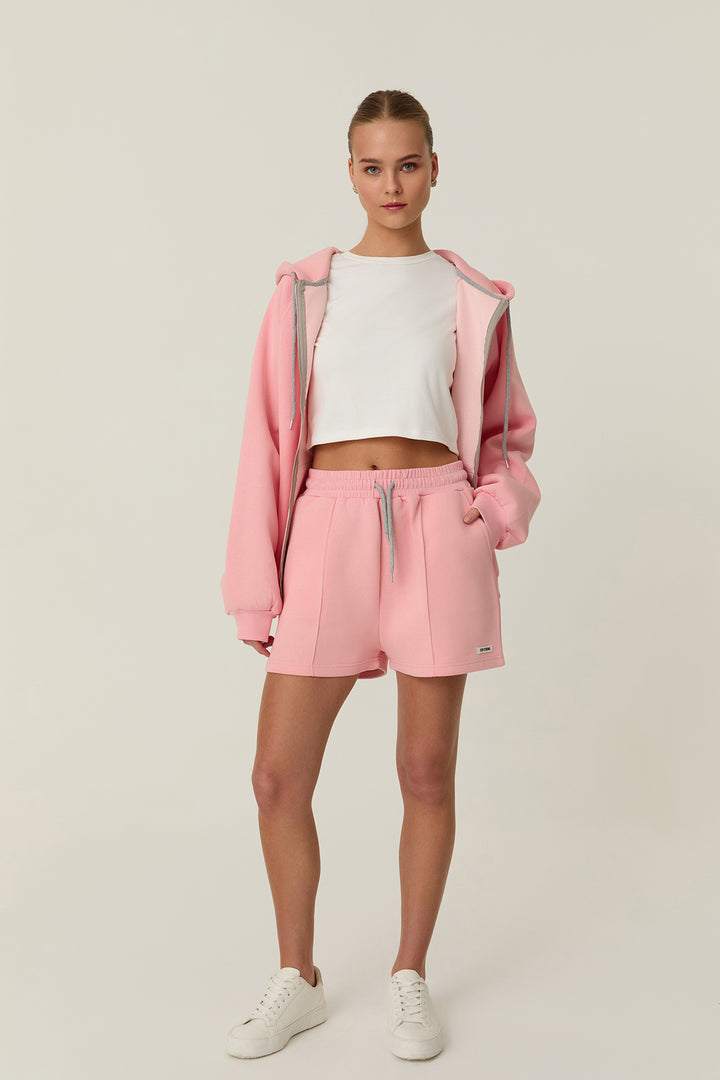 Beli Lastikli Cepli Mini Şort Pembe