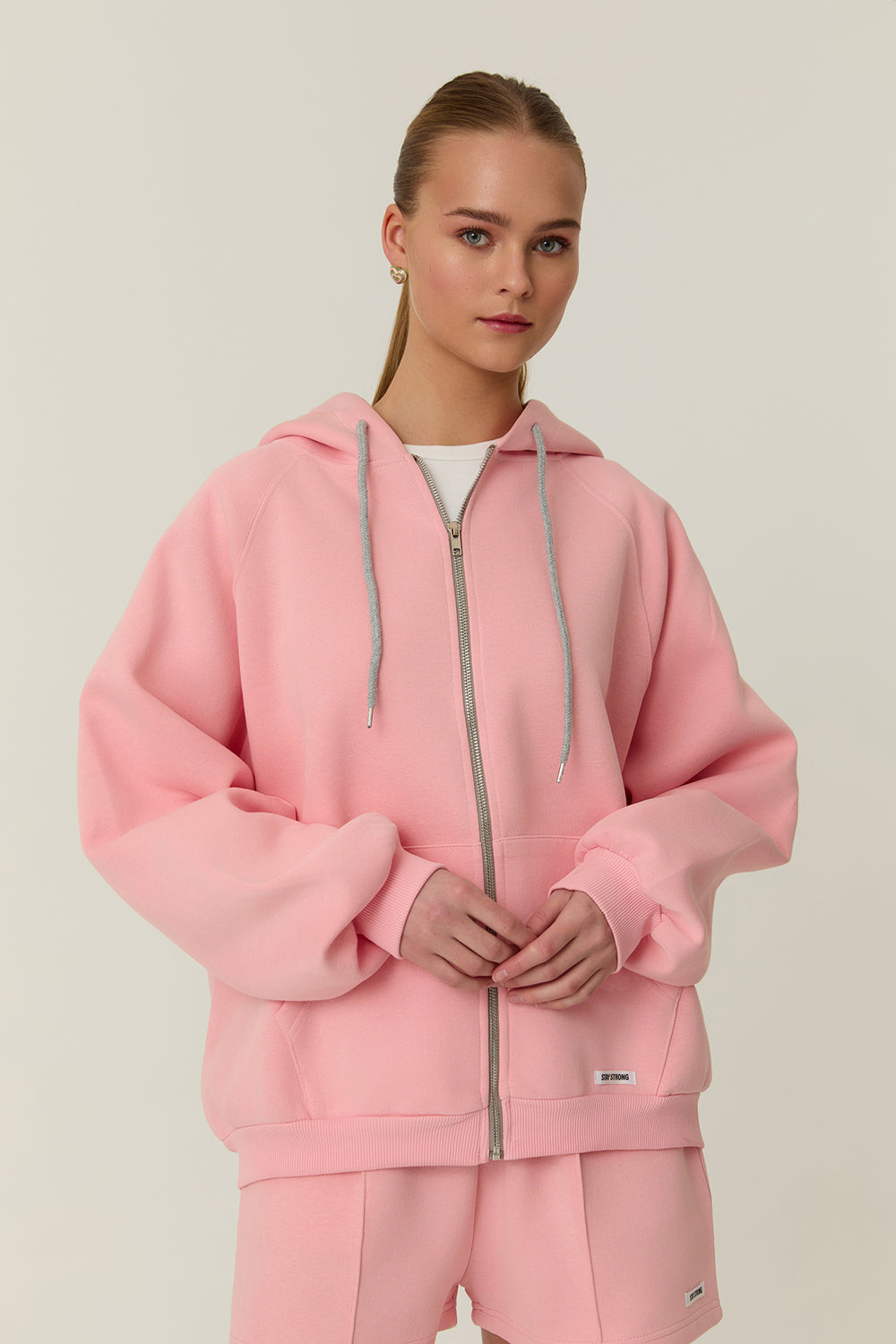 Sırt Baskılı Fermuarlı Sweatshirt Pembe