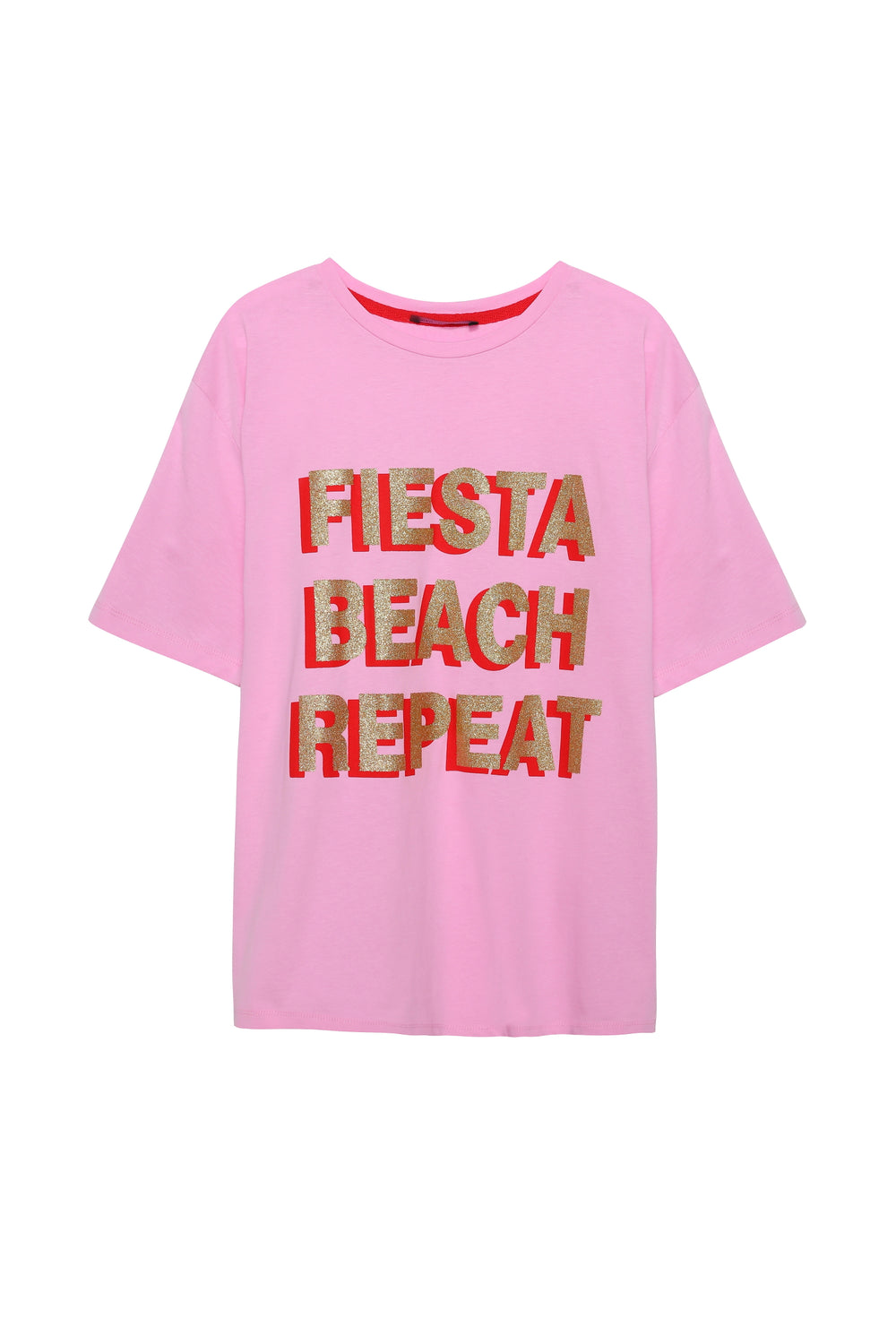 Simli Yazı Baskılı Tişört Pembe