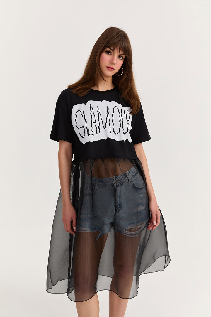 Tül Garni Detaylı Baskılı Tişört Siyah