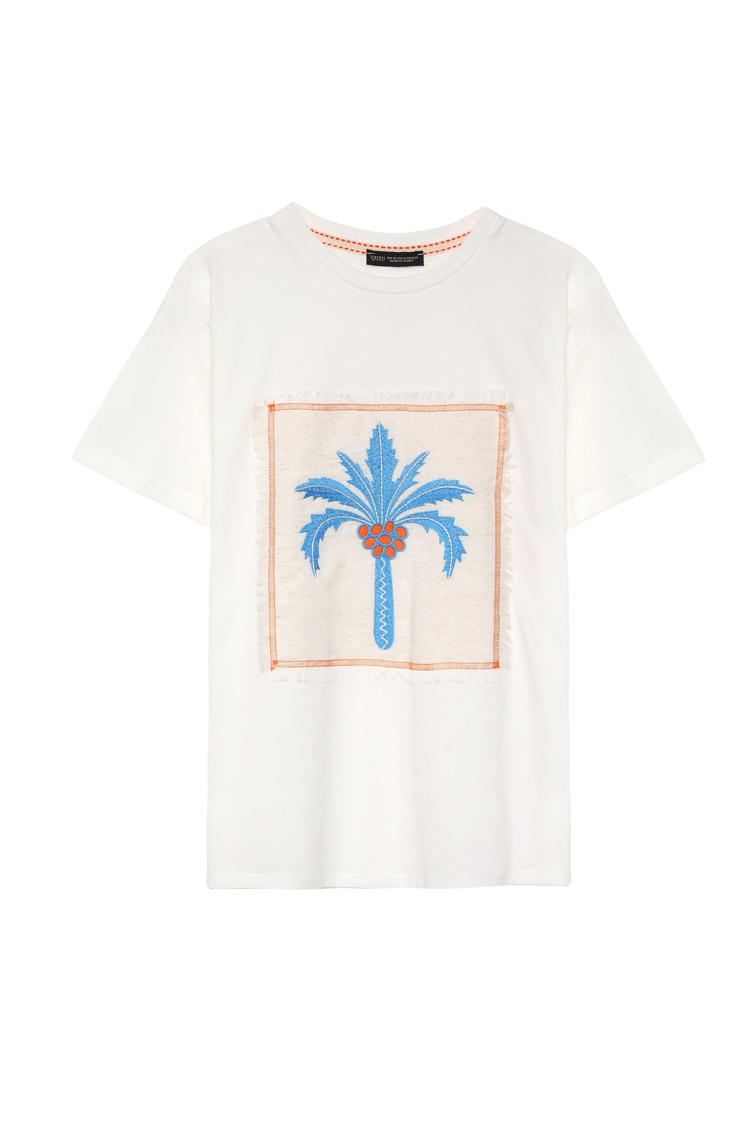 Palmiye Desenli Püsküllü Tişört Ekru