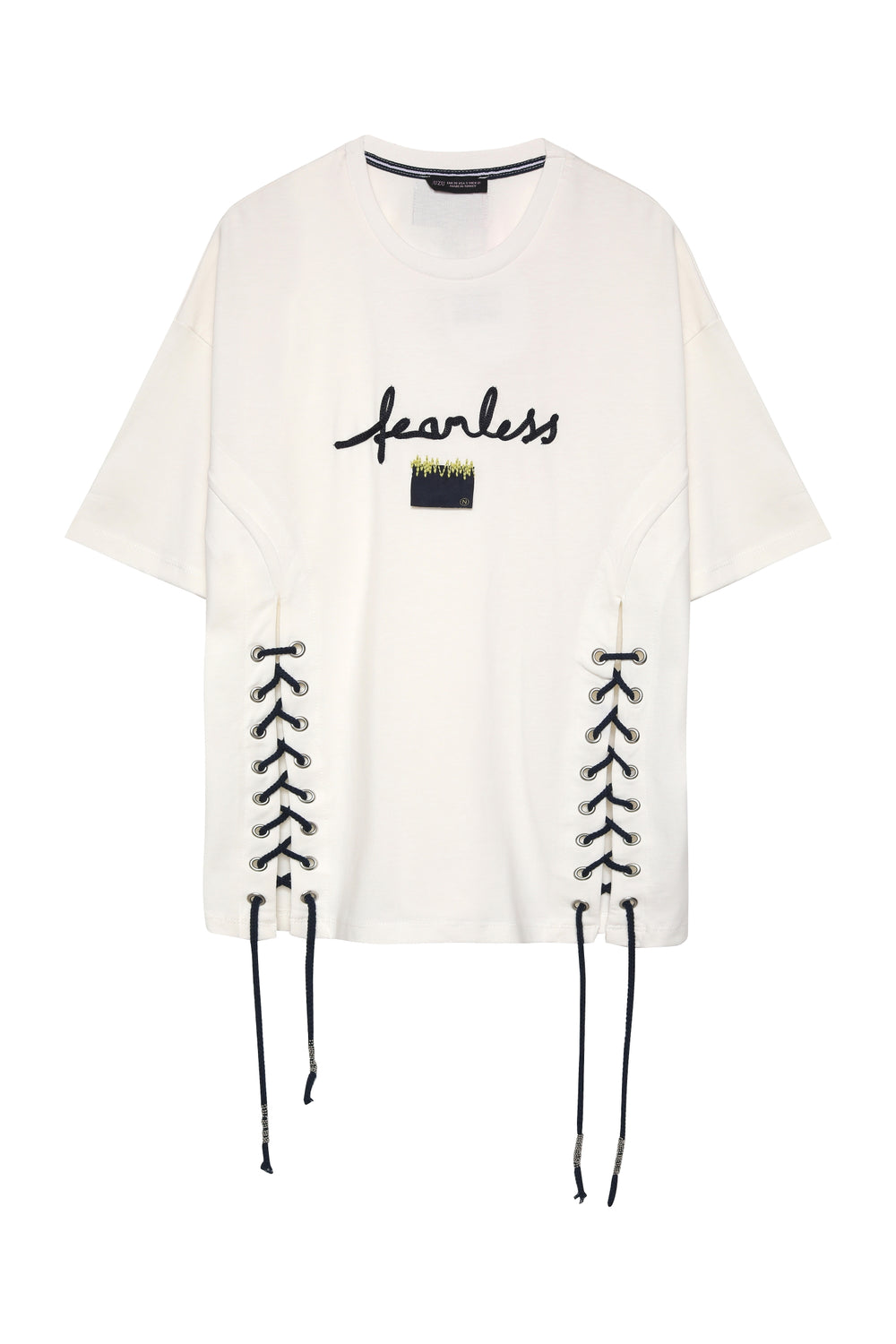 Kuş Gözü Bağlama Detaylı Oversize Tişört Ekru