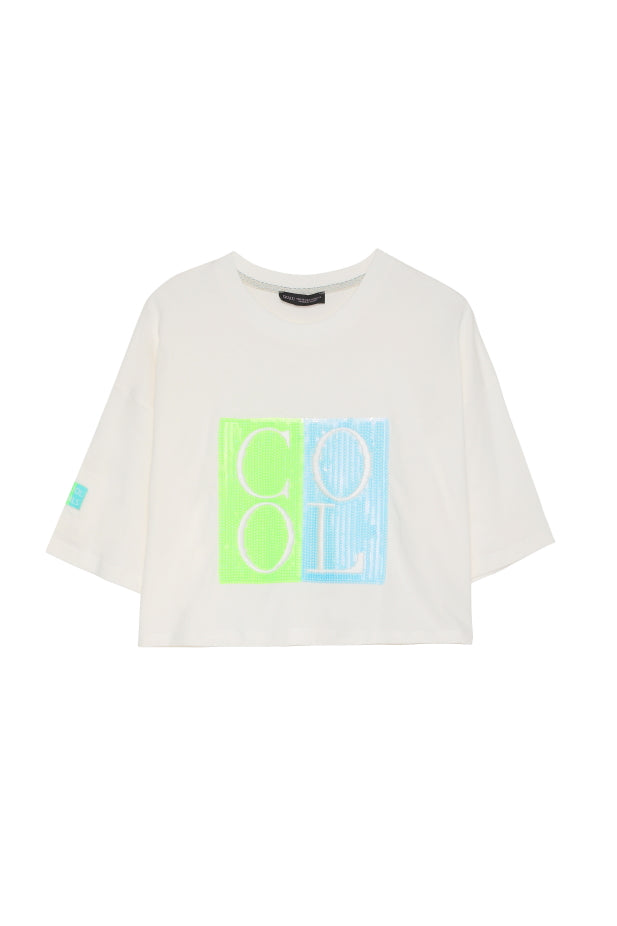 Renkli Payet Yazılı Crop Tişört Ekru