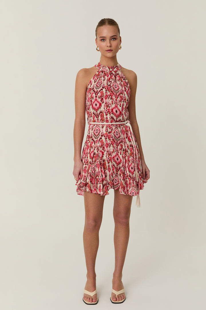Halter Yaka Desenli Mini Elbise Kırmızı