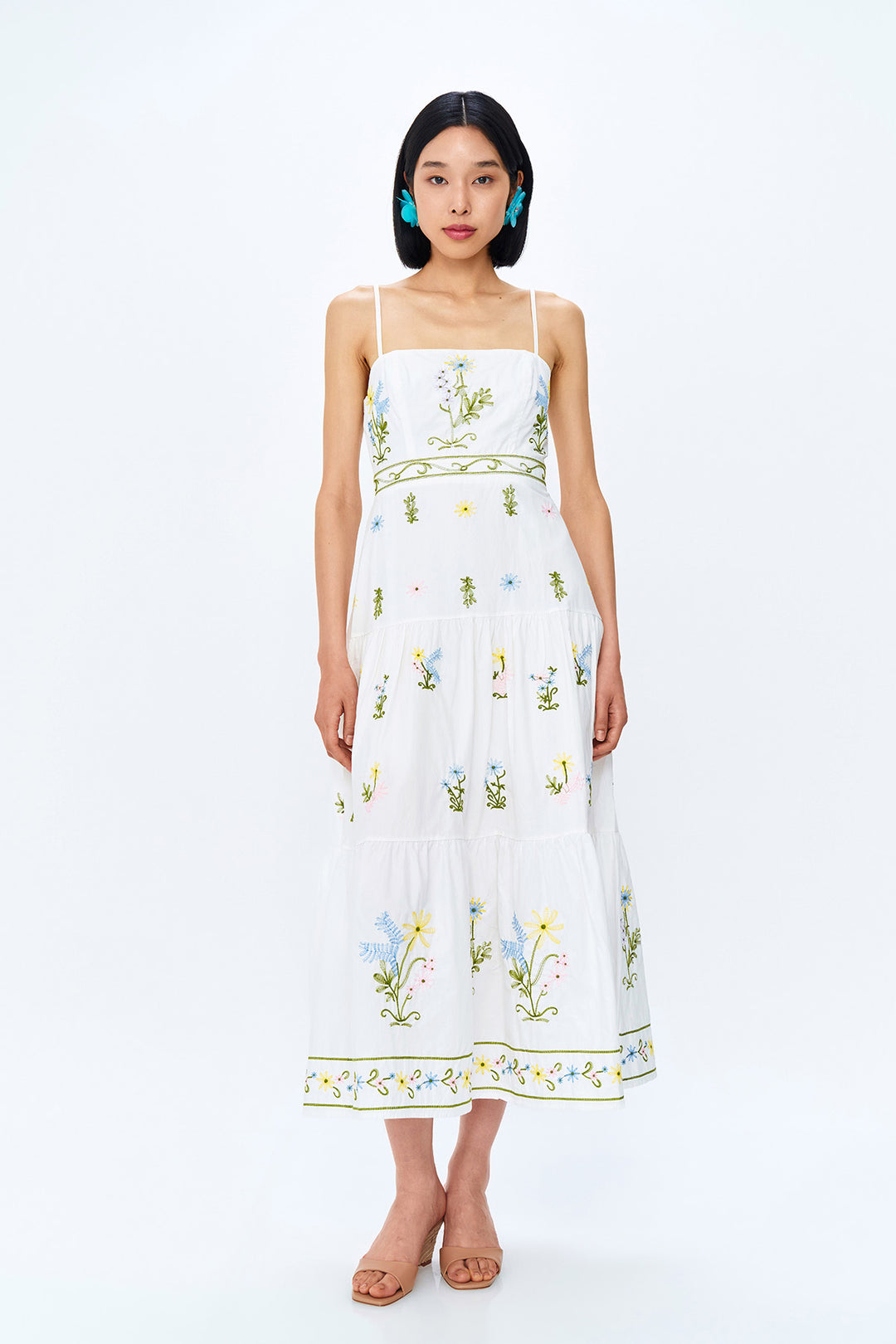 Çiçek Nakışlı Askılı Uzun Elbise Ekru