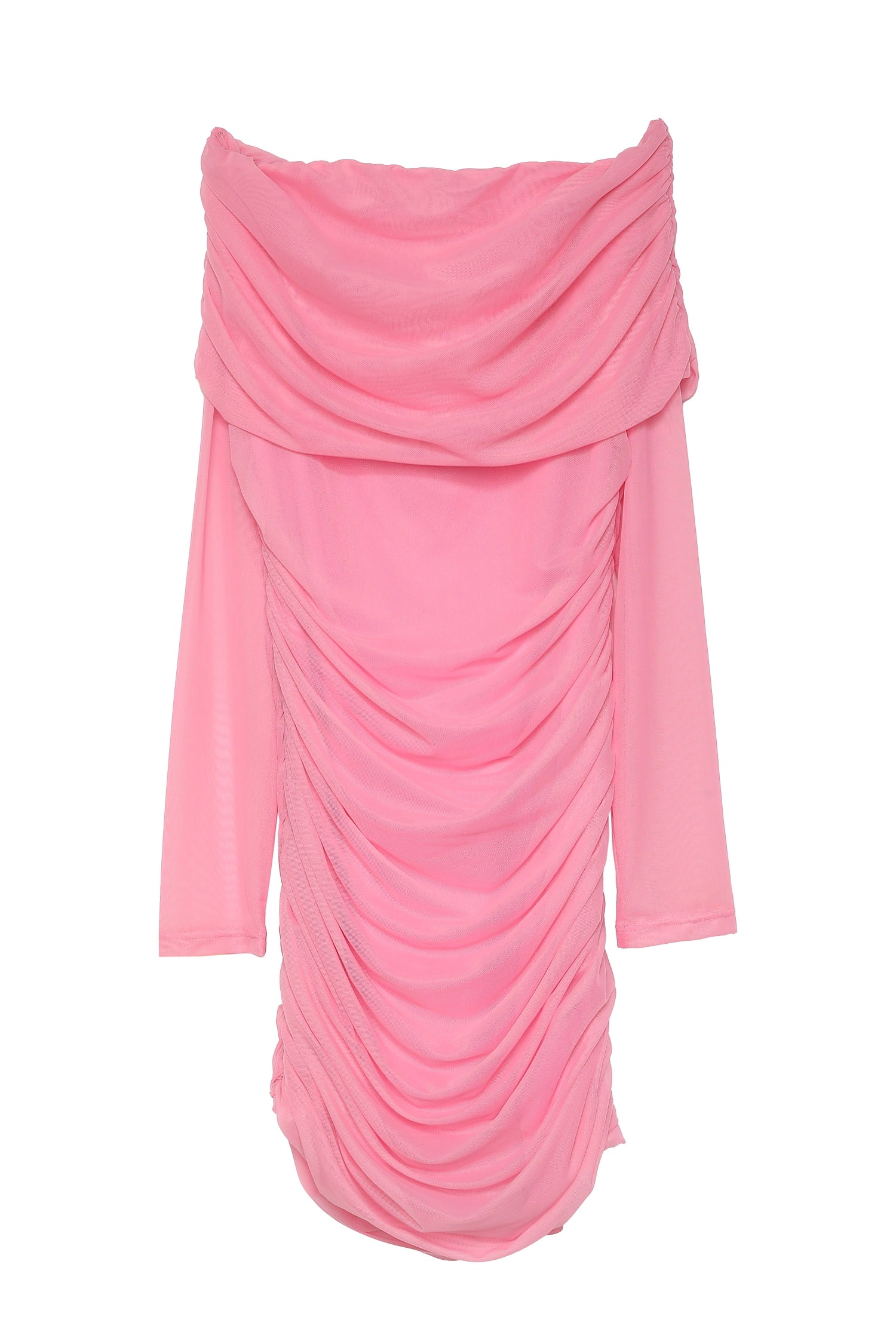 Omuzları Açık Drape Detaylı Tül Mini Elbise Pembe