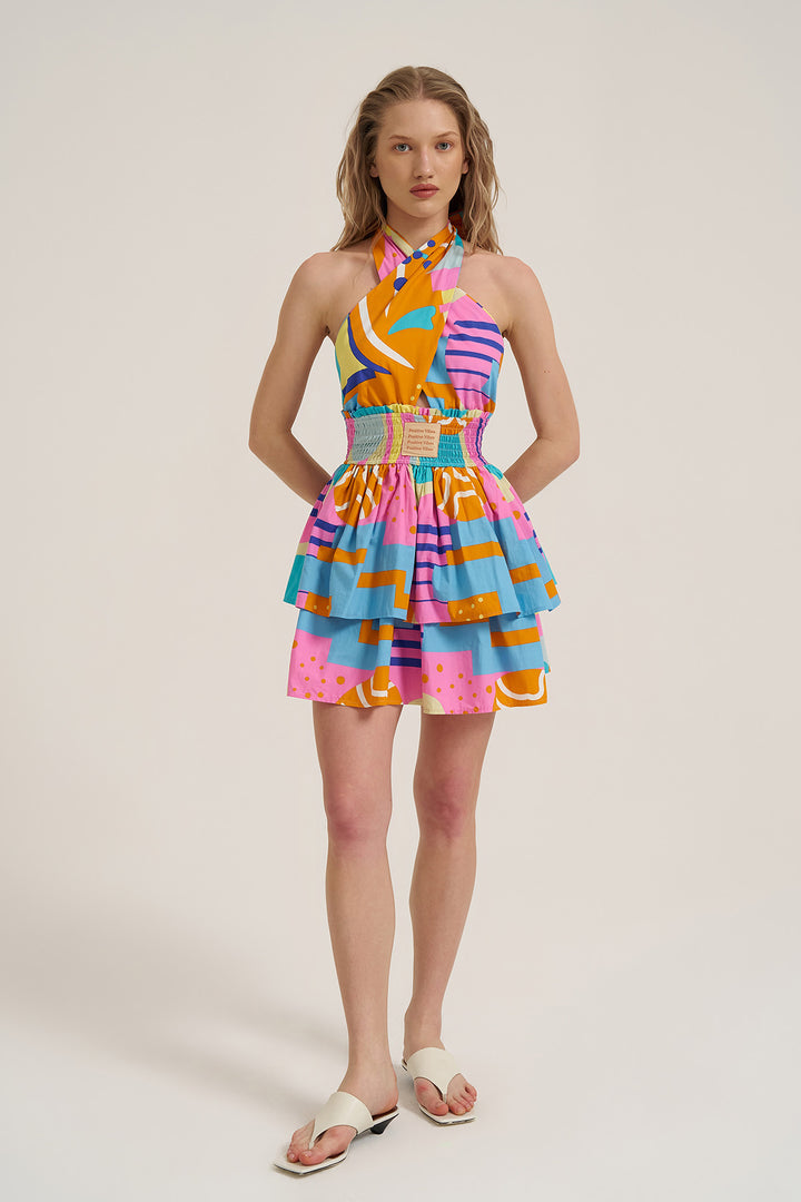 Boyundan Bağlama Detaylı Renkli Desenli Mini Elbise Turuncu