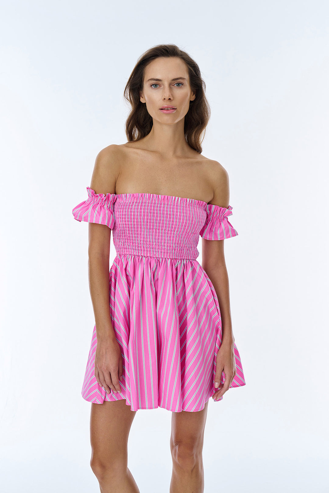 Gipe Detaylı Çizgili Mini Elbise Pembe