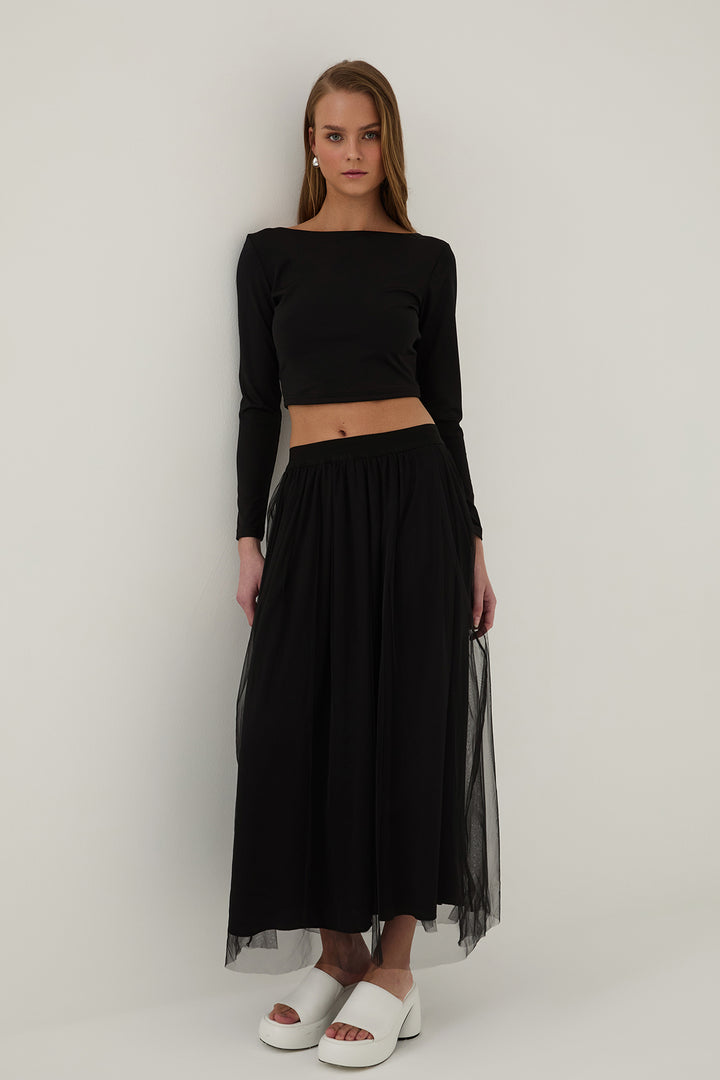 Tül Detaylı Etek Siyah
