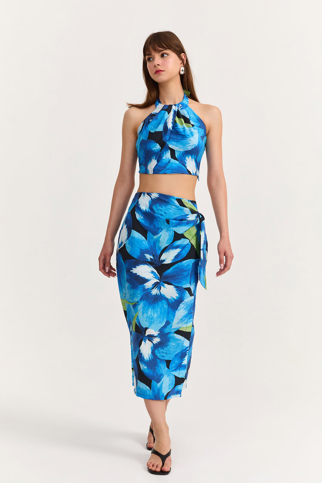 Kruvaze Bağlama Detaylı Desenli Etek Mavi