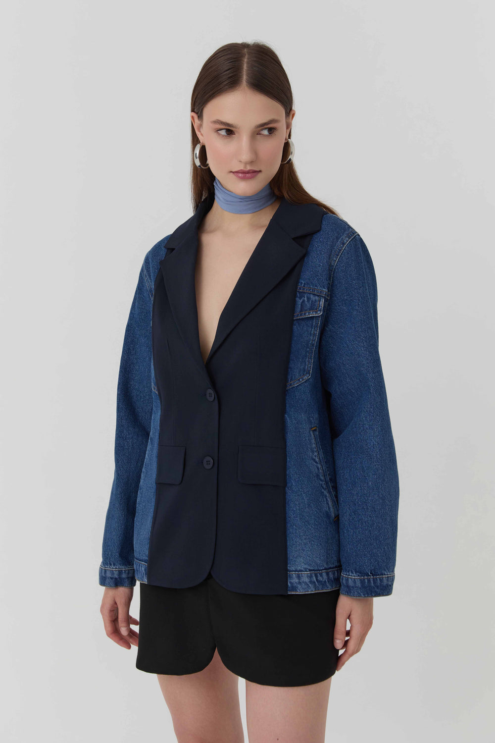 Denim Detaylı Cepli Blazer Ceket Mavi