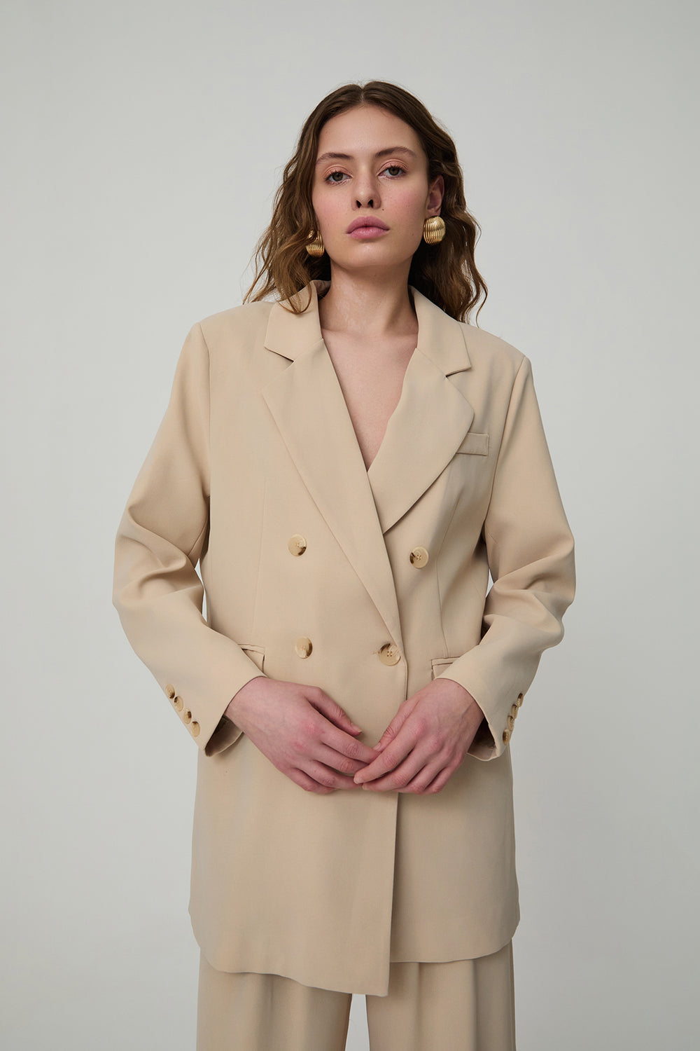 Düğme Detaylı Kruvaze Yaka Oversize Blazer Ceket Bej