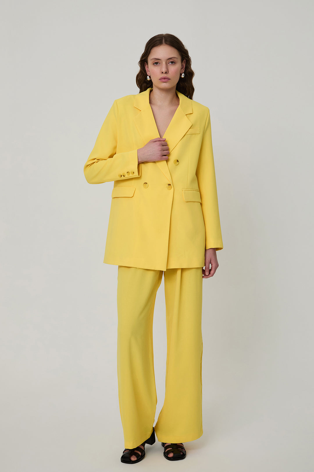 Düğme Detaylı Kruvaze Yaka Oversize Blazer Ceket Sarı