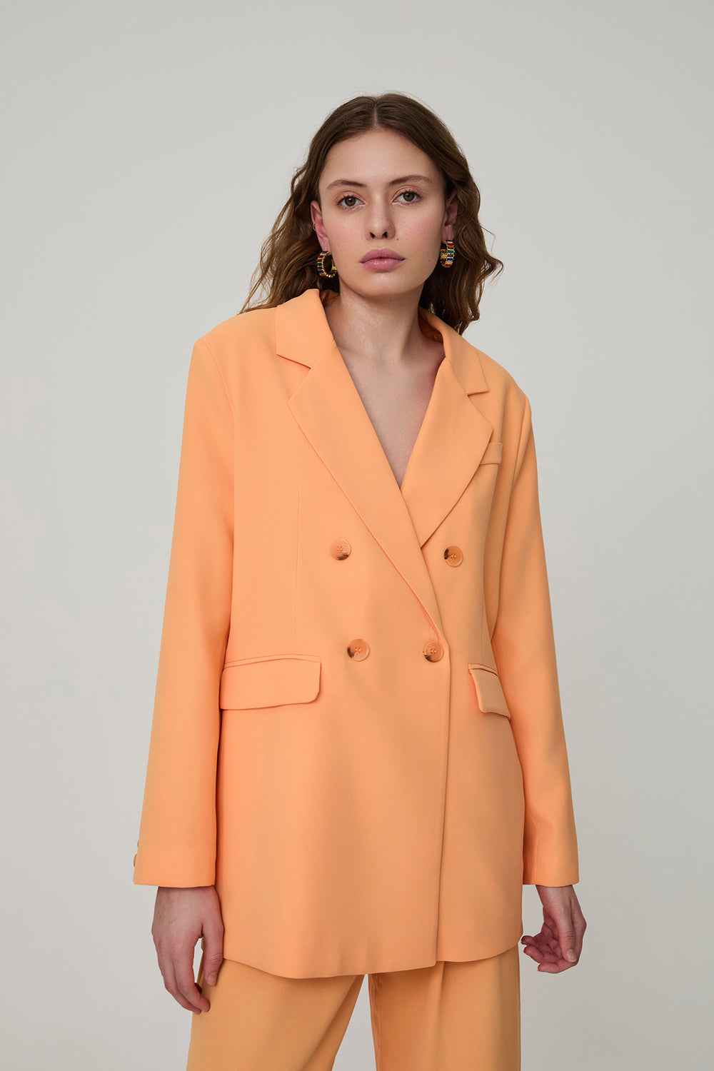 Düğme Detaylı Kruvaze Yaka Oversize Blazer Ceket Somon