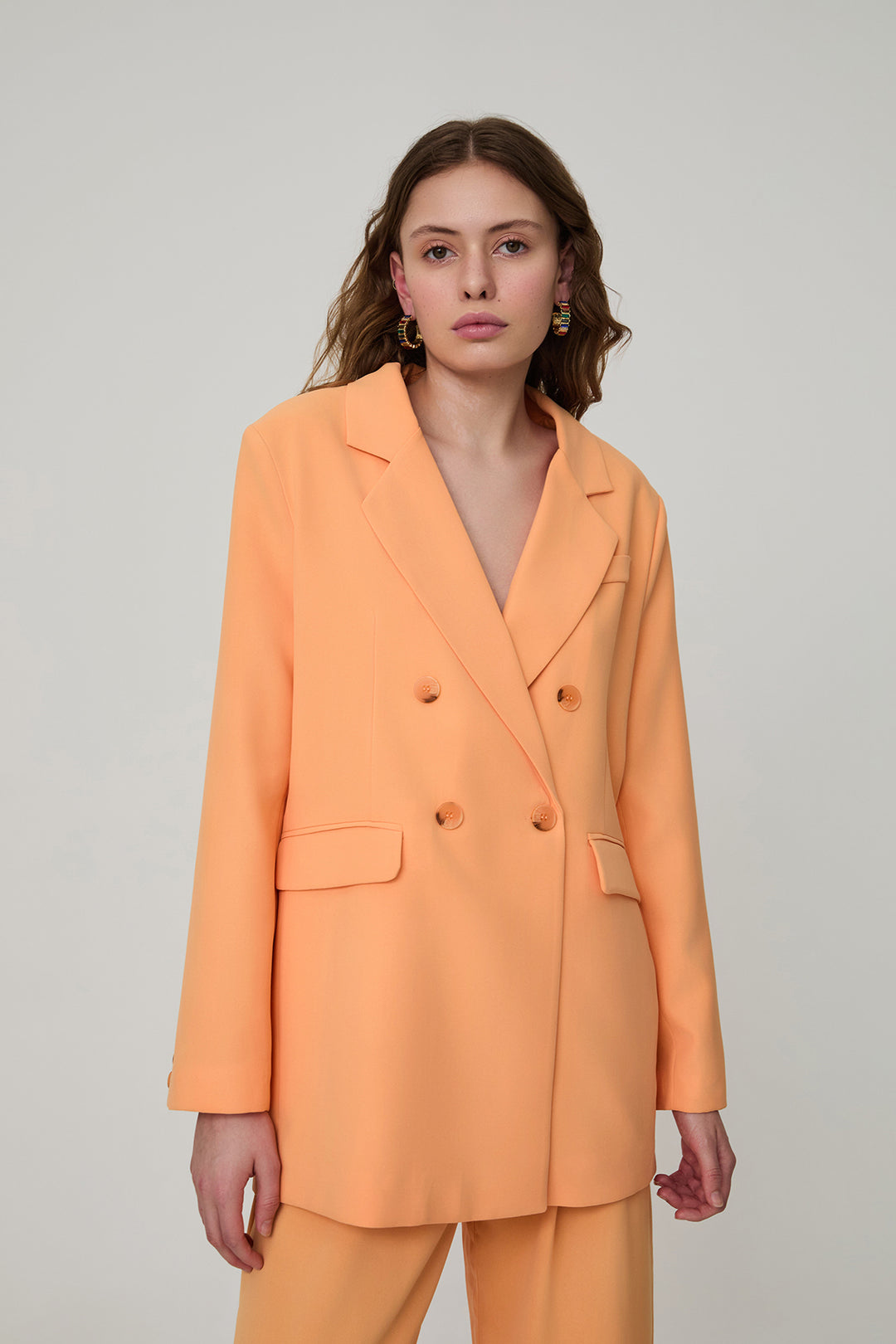 Düğme Detaylı Kruvaze Yaka Oversize Blazer Ceket Somon