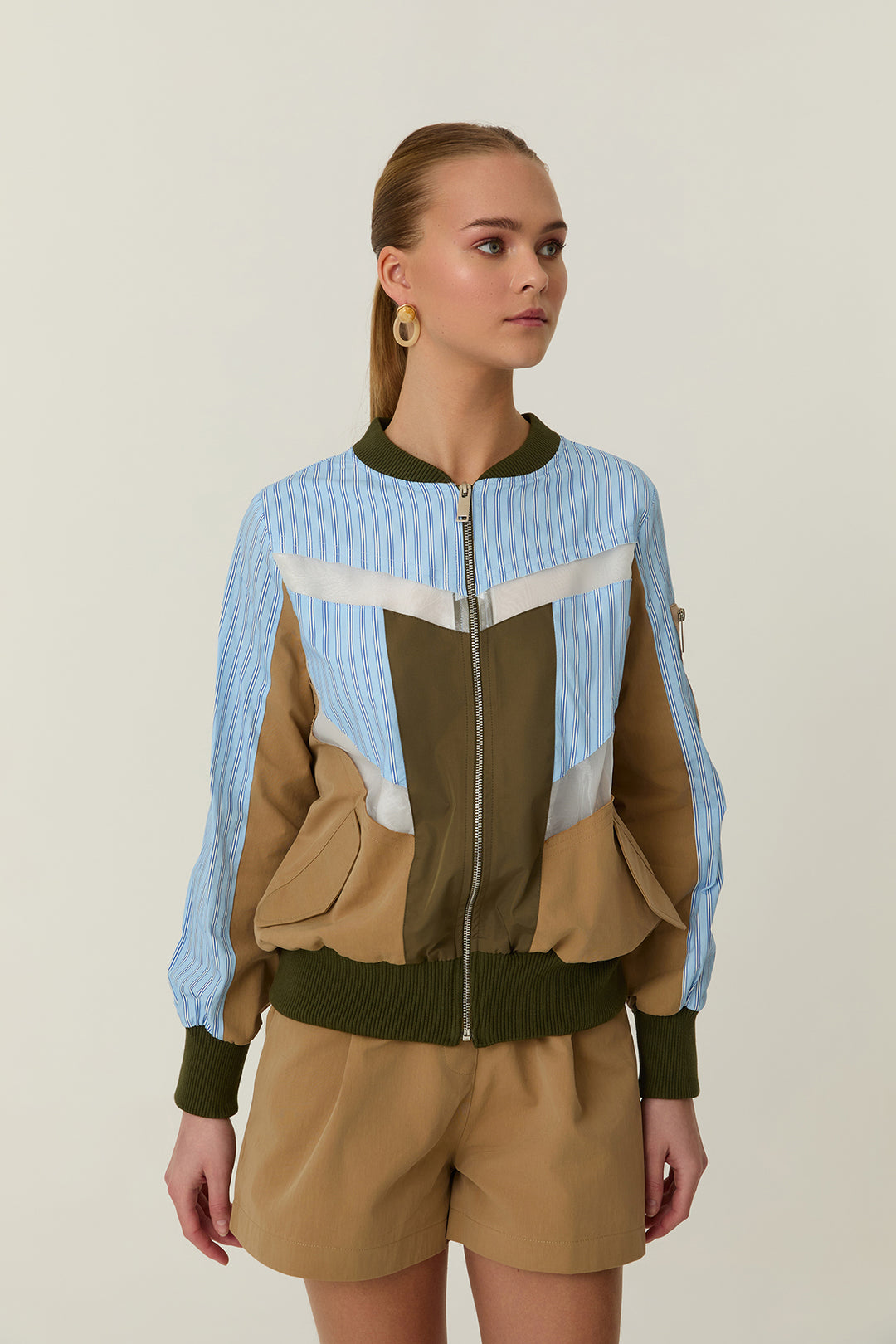 Çizgi Detaylı Fermuarlı Ceket Bej