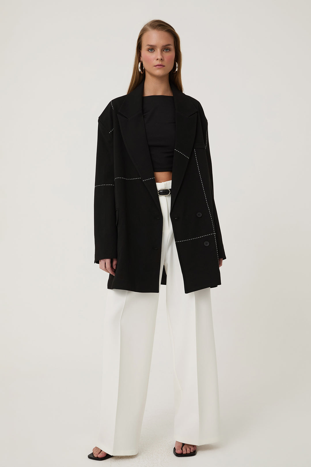 Dikiş Detaylı Oversize Blazer Ceket Siyah