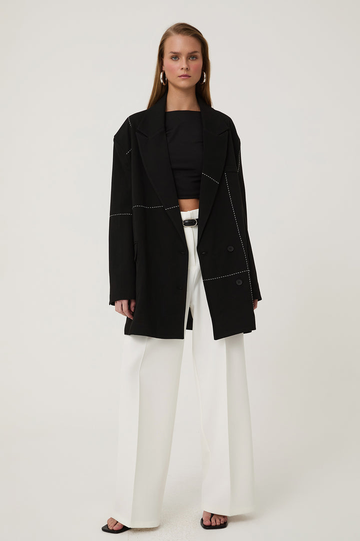 Dikiş Detaylı Oversize Blazer Ceket Siyah