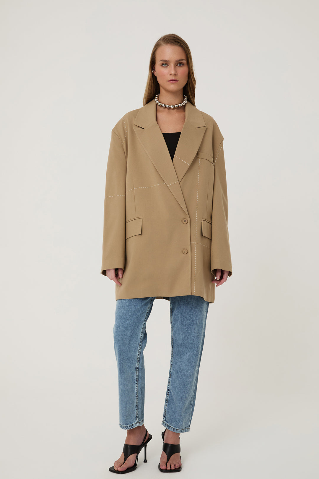 Dikiş Detaylı Oversize Blazer Ceket Bej