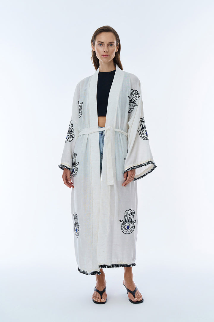 Nakış Detaylı Uzun Keten Kimono Naturel