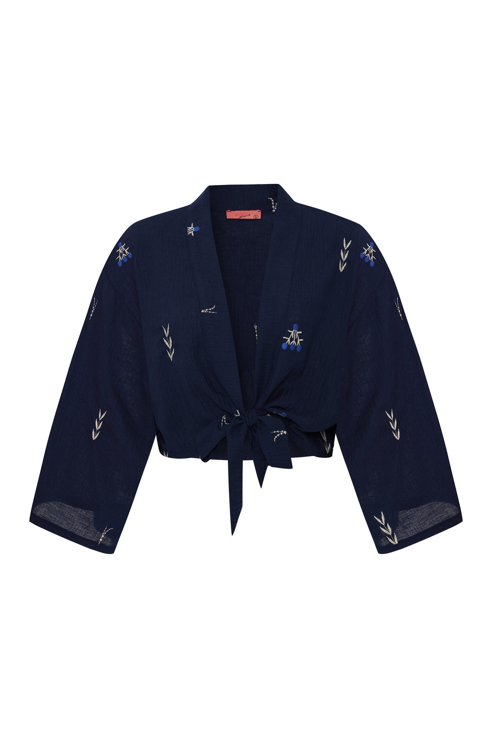 Nakış Detaylı Bağlamalı Keten Kimono Lacivert