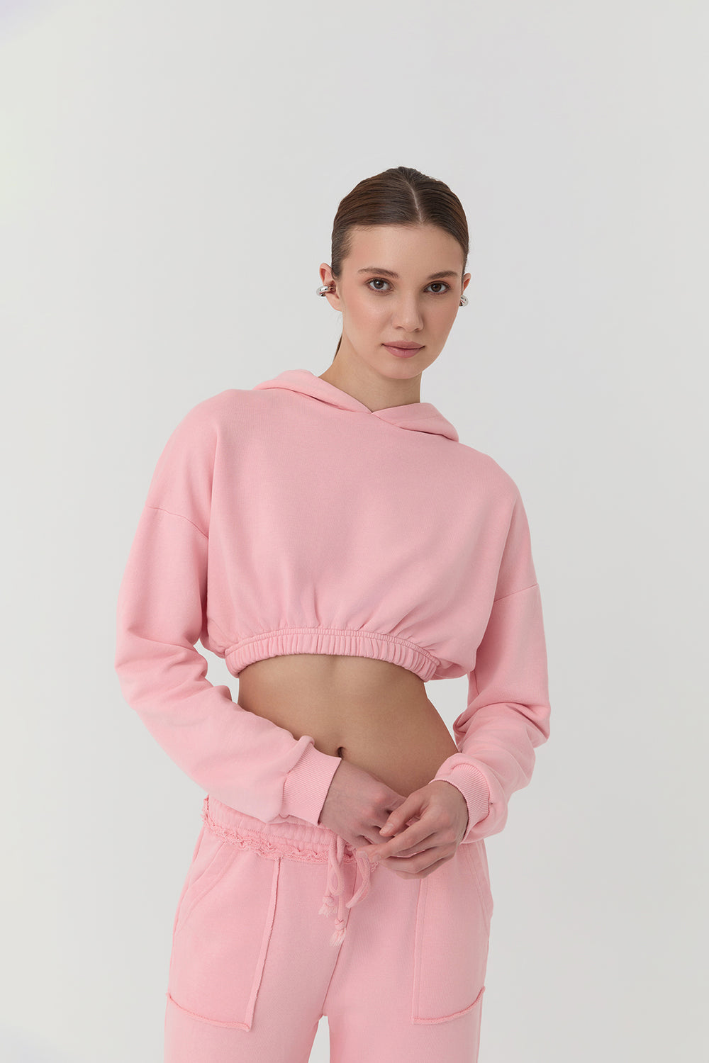 Kapüşonlu Crop Sweatshirt Pembe