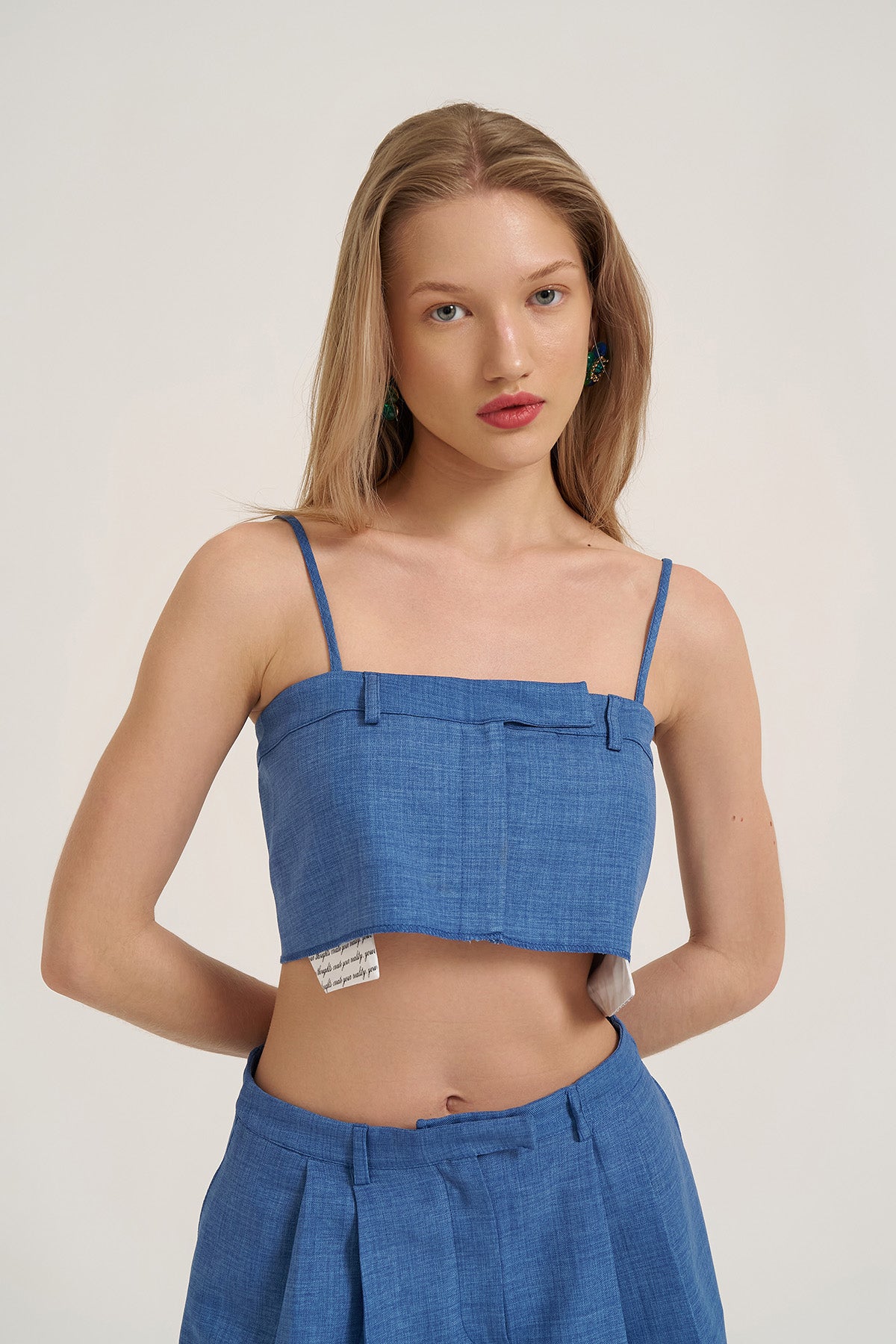 Kumaş Matchli Askılı Crop Bluz İndigo