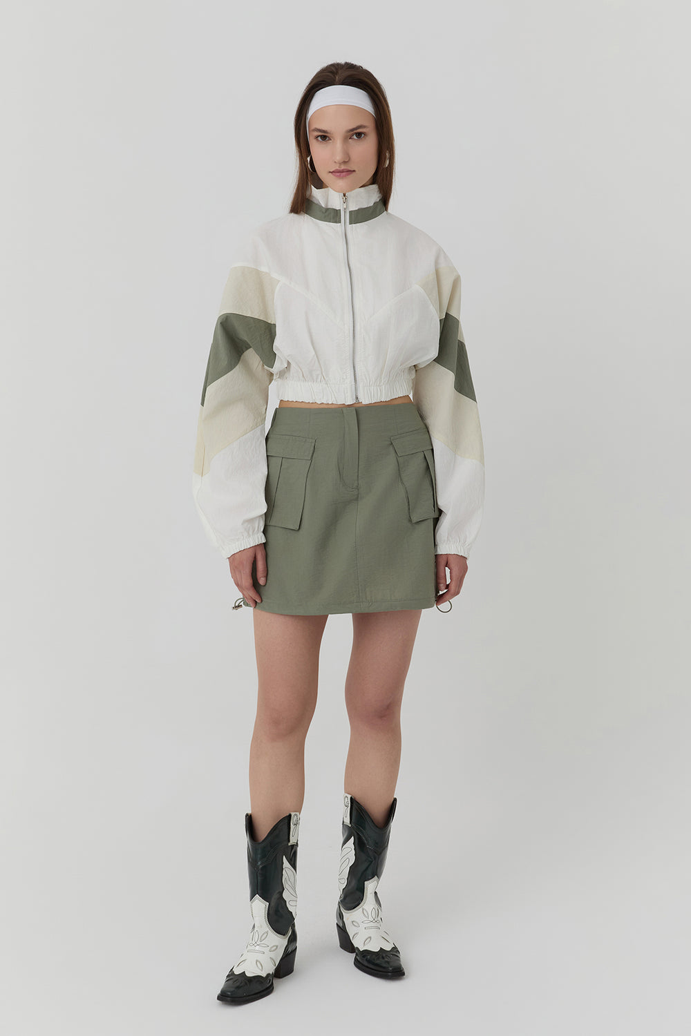 Paraşüt Kumaş Kargo Cepli Mini Etek Haki