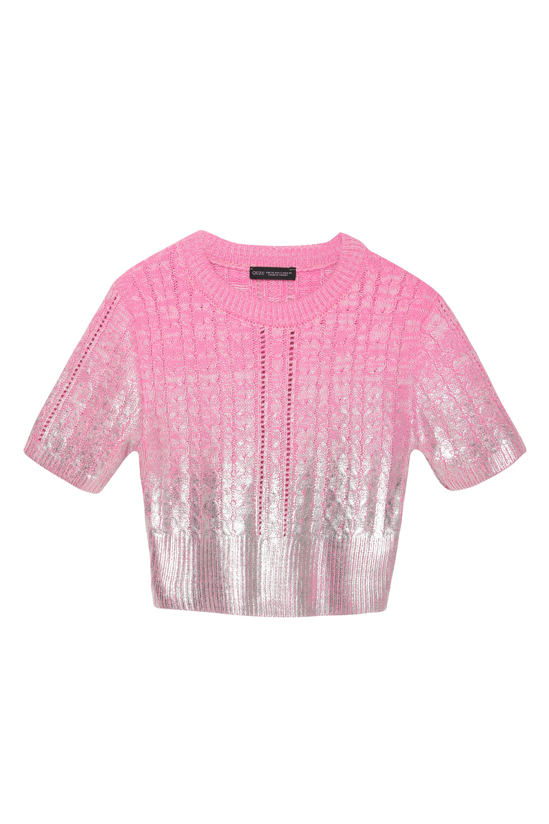 Parlak Baskılı Kısa Kol Triko Pembe