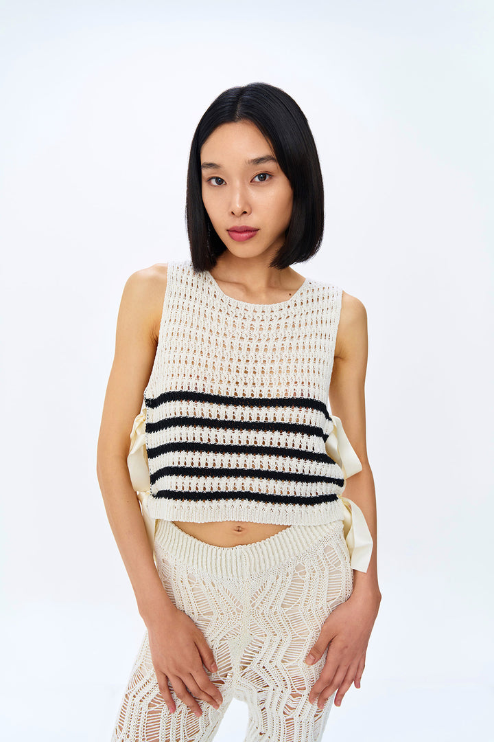 Yanları Bağlama Detaylı Çizgili Triko Krem