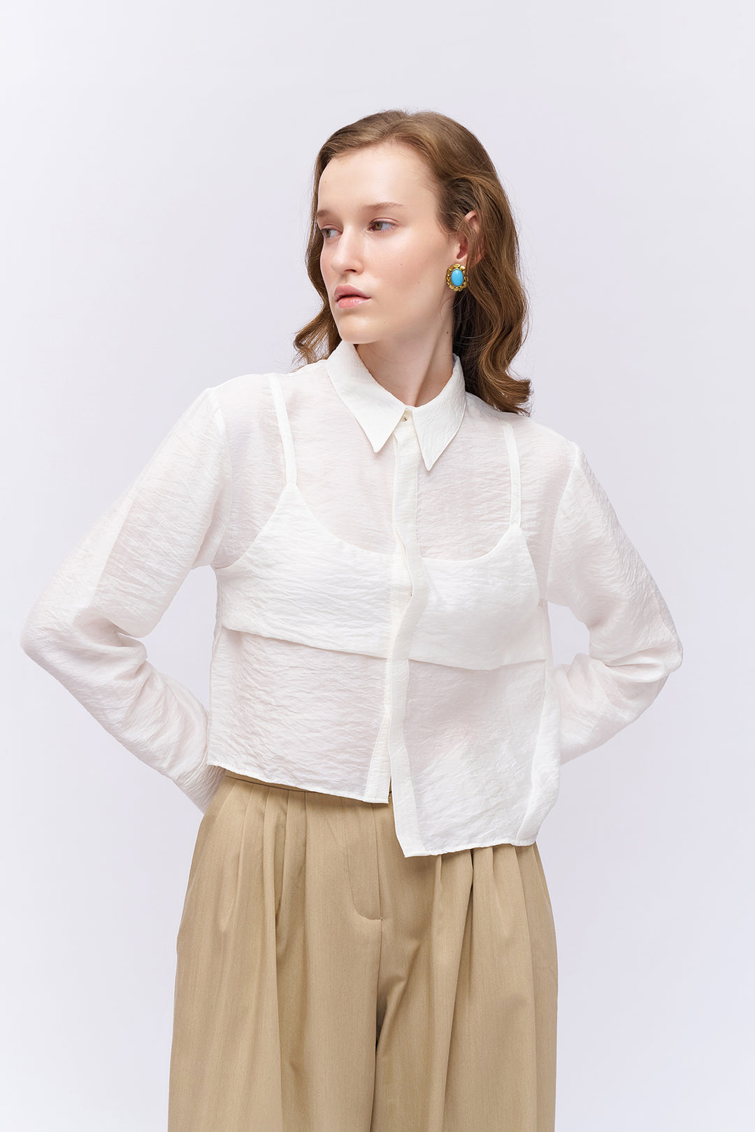 Asimetrik Uzun Kol Saten Gömlek Ekru