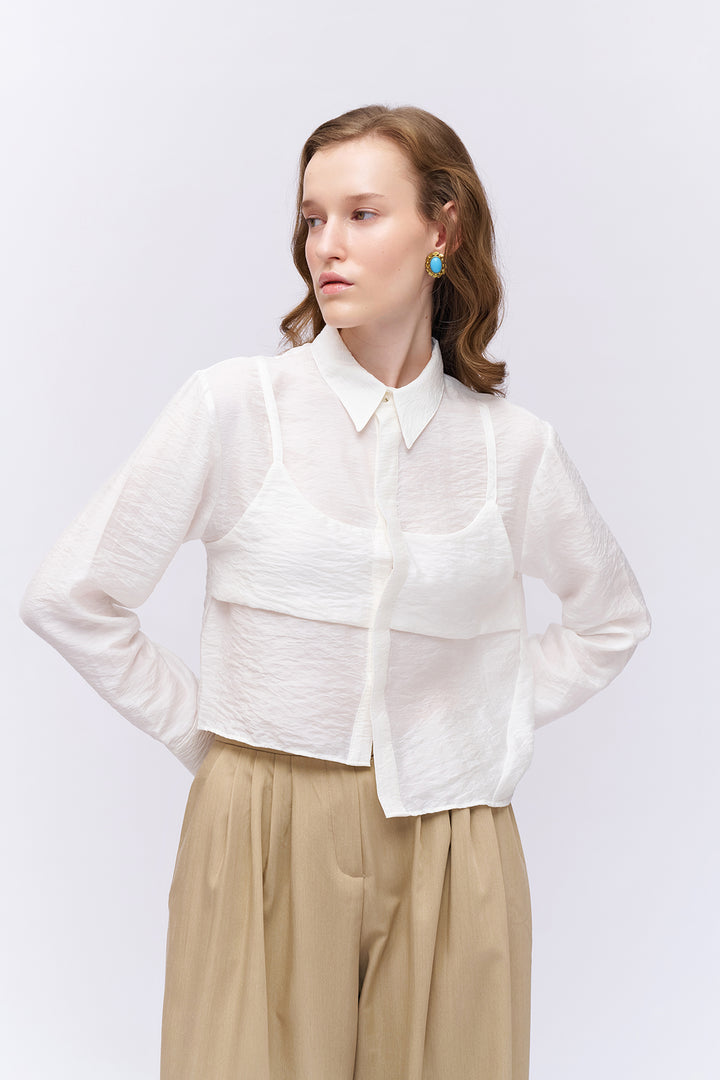 Asimetrik Uzun Kol Saten Gömlek Ekru