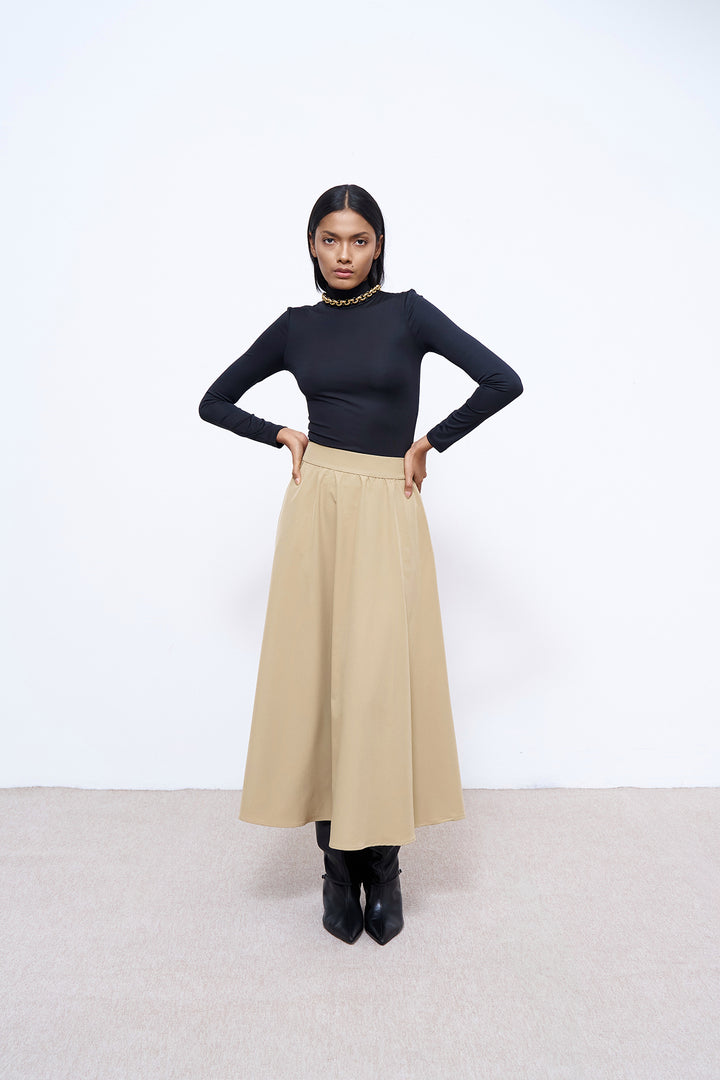 Beli Lastikli Midi Boy Basic Etek Bej