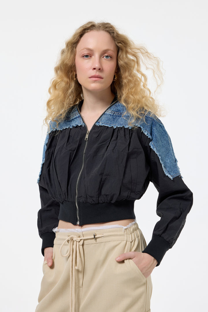 Denim Detaylı Püsküllü Bomber Ceket Siyah