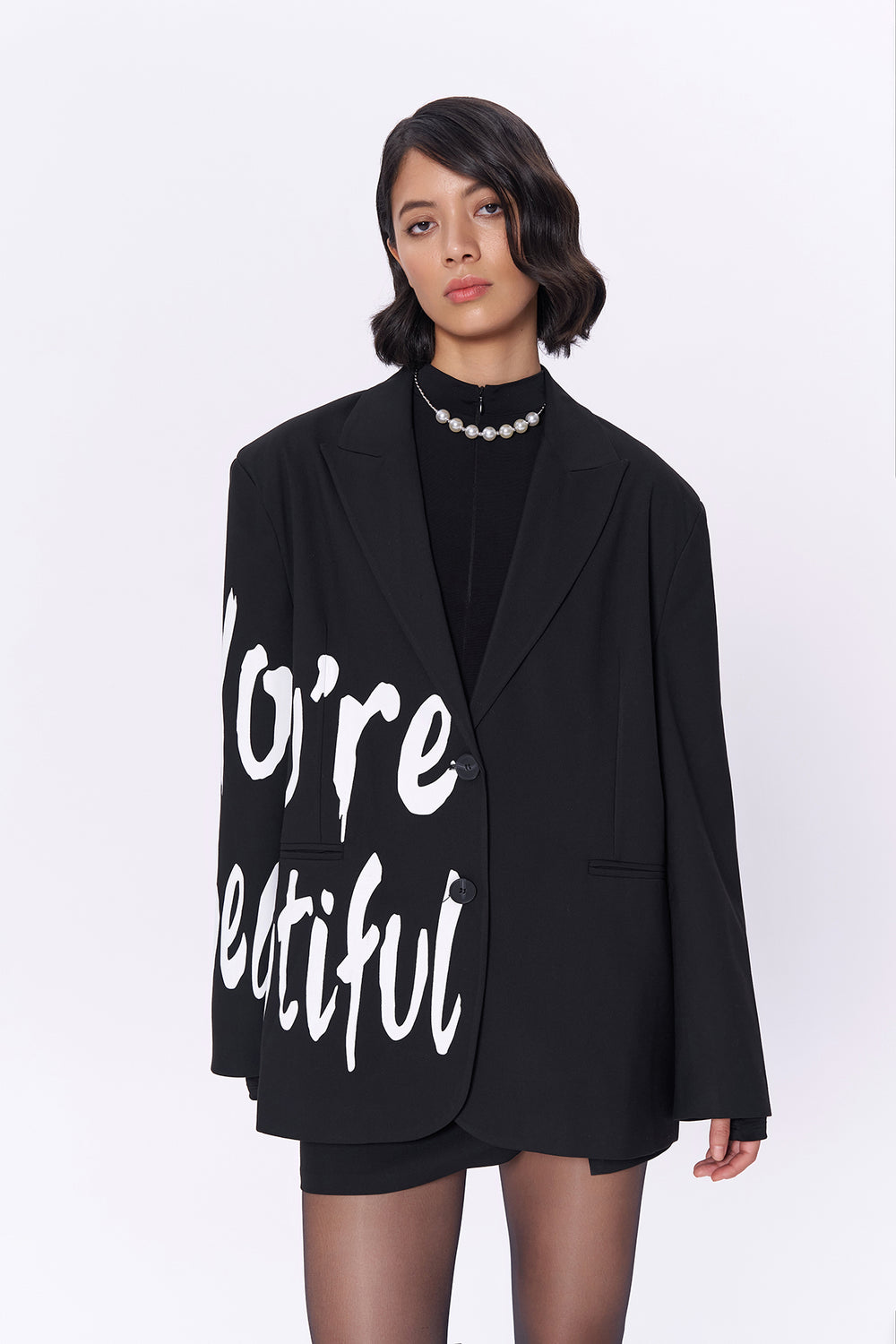 İçi Şal Desenli Yazılı Blazer Ceket Siyah