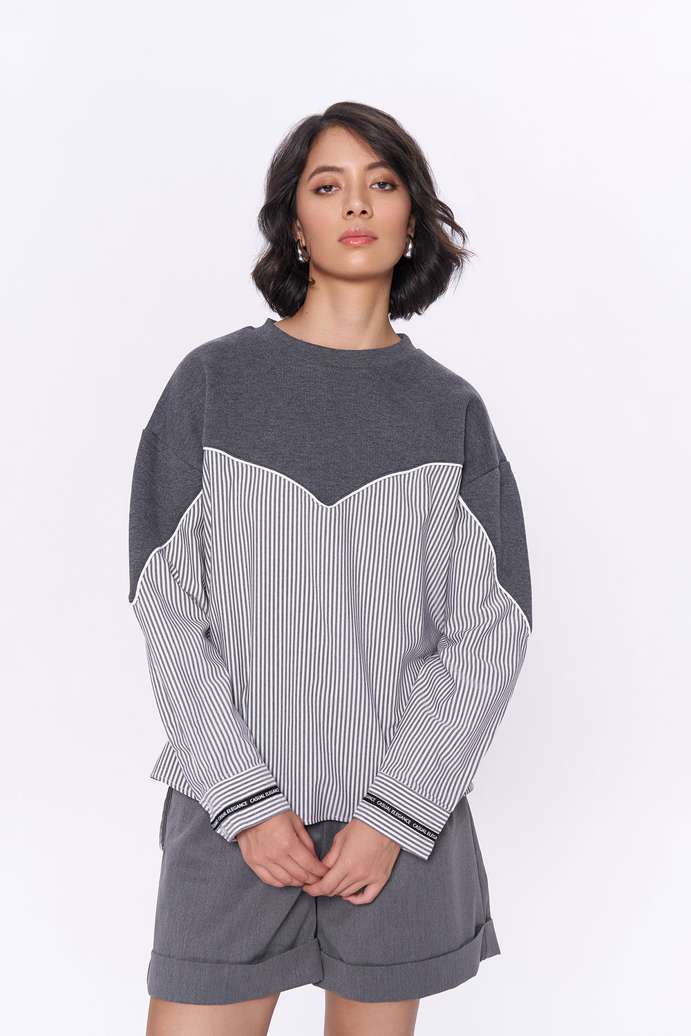 Çizgili Match Oversize Sweatshirt Gri