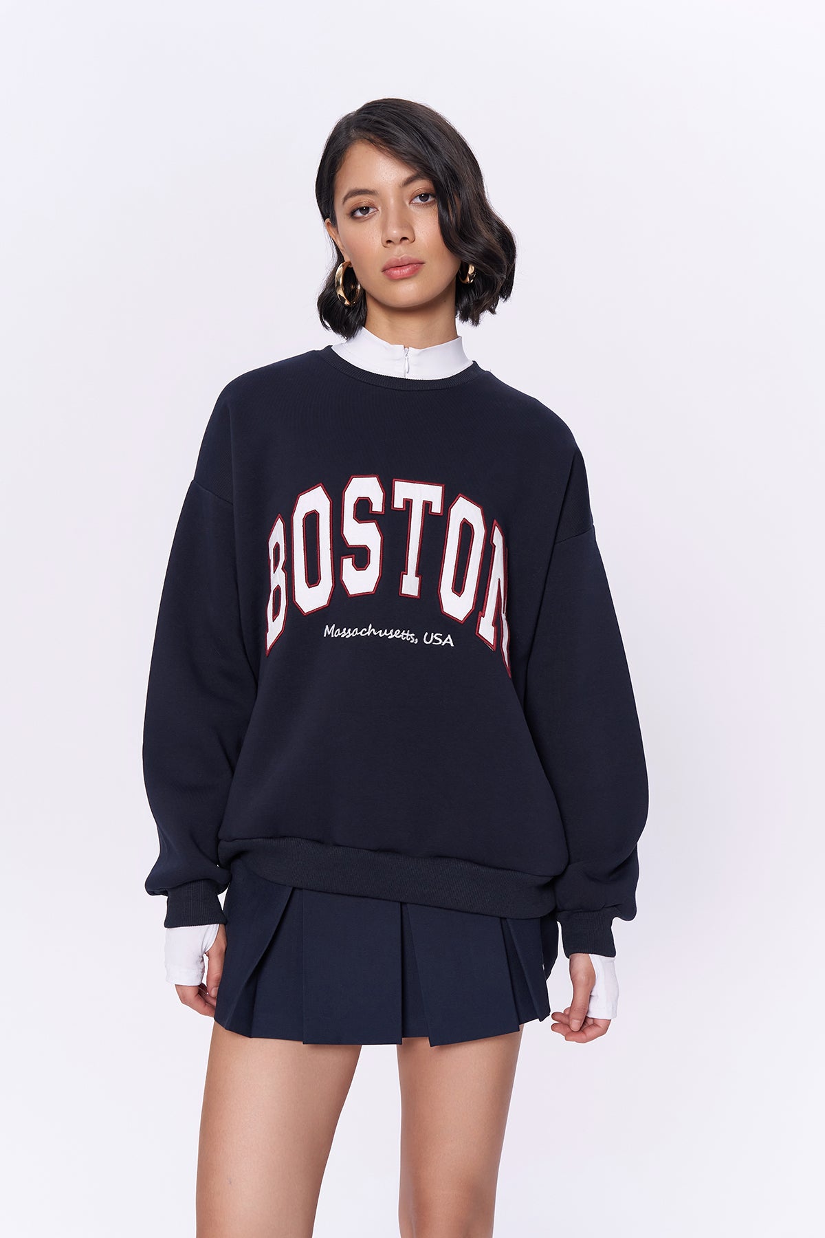 Kolu Fermuarlı Boston Yazılı Sweatshirt Lacivert