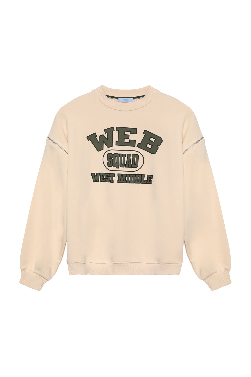 Kolu Fermuarlı Yazı Baskılı Sweatshirt Bej