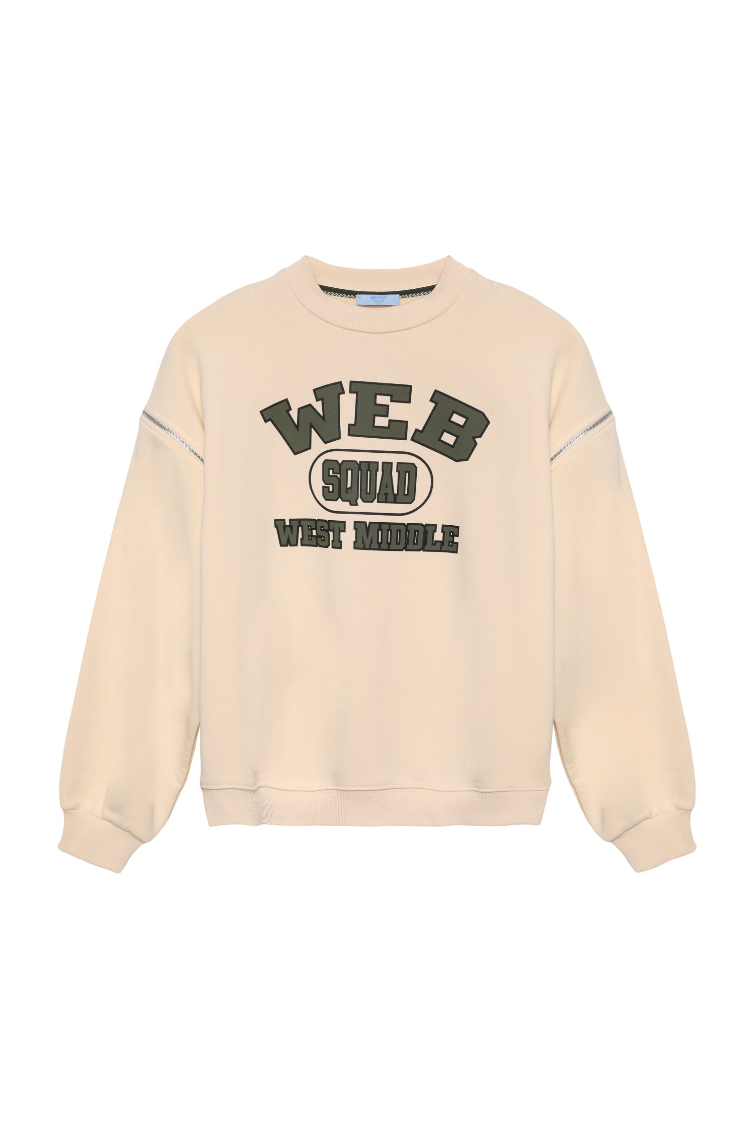 Kolu Fermuarlı Yazı Baskılı Sweatshirt Bej